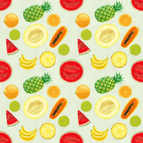 Hand drawn seamless pattern with bananas, orange, pineapples papaya and watermelon. — Stock Photo, Image