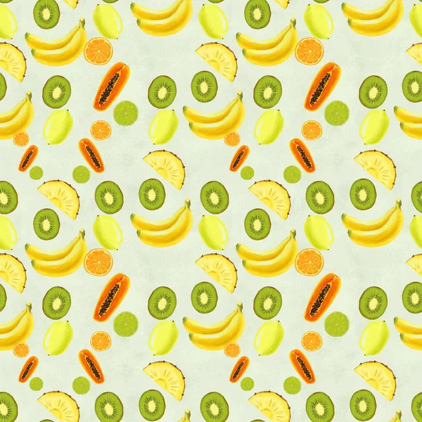 Hand drawn seamless pattern with bananas, pineapples papaya kiwi fruit and lemon. — Stock Photo, Image