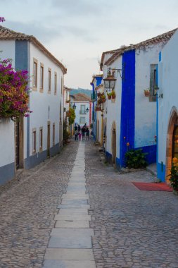 Obidos, Portekiz - 29 Eylül 2019: Şehir merkezinde kaldırımlı sokaklar ve geleneksel evler