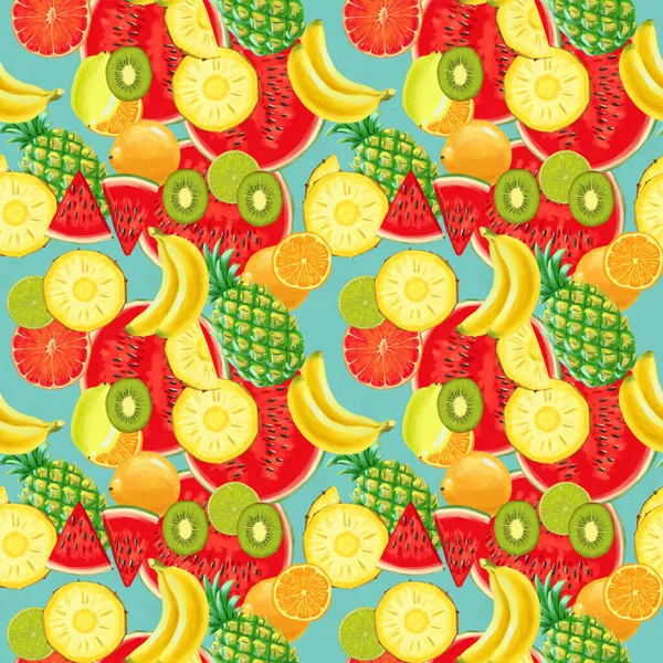 Handritad sömlös mönster med bananer, kokosnötter, ananas papaya kiwi frukt och vattenmelon — Stockfoto