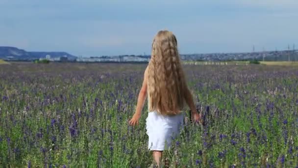 La petite fille s'éloigne de la caméra. L'enfant va au loin. Écolière se retourne à la caméra — Video