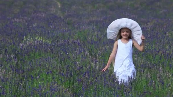Bella ragazza col cappello che cammina sul campo. Bambino che va alla macchina fotografica e sorride — Video Stock