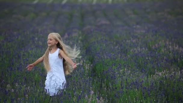 Niño girando en el campo. Chica mirando a la cámara. La mariposa está volando. Movimiento lento — Vídeos de Stock