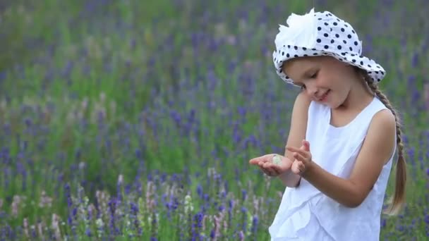 Ragazza con una farfalla in mano. Ragazza in cappello bianco in piedi in un campo e sorridente alla macchina fotografica — Video Stock