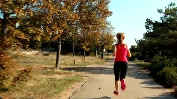 Young woman running in the park. Female runing away from the camera — Stock Video