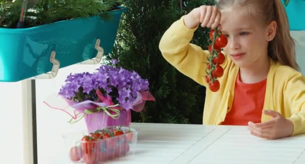 Riendo niño sosteniendo racimo de tomates cherry y sonriendo a la cámara — Vídeos de Stock