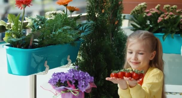 Criança rindo segurando tomates cereja e convida o espectador — Vídeo de Stock