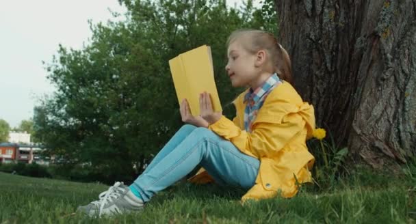 Criança lendo um livro sentado debaixo de uma árvore — Vídeo de Stock