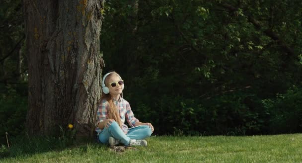 Une fille qui écoute de la musique. Fille danse tout en étant assis sous un arbre — Video