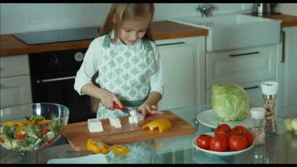 Niño cortando queso feta y poniendo queso en un tazón. Niño chef en la cocina mirando a la cámara y sonriendo. Ampliación — Vídeo de stock