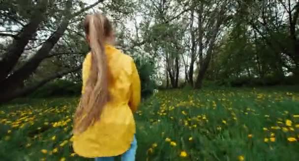 Kind wandelen door het park met een groot boeket van bloemen — Stockvideo