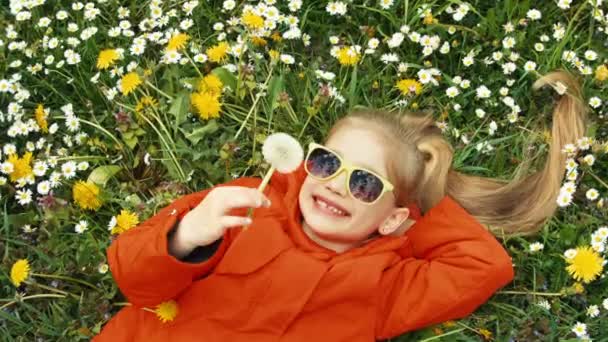 Closeup portret van een kind. Meisje houdt van een paardebloem en lachen om de camera. Het kind ligt op het gras onder de bloemen — Stockvideo