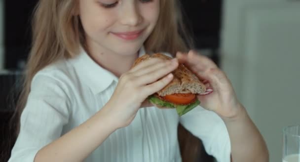 Gyermek véve szendvics. Gyermek szendvics tartja a kezében, és mosolyogva kamera — Stock videók