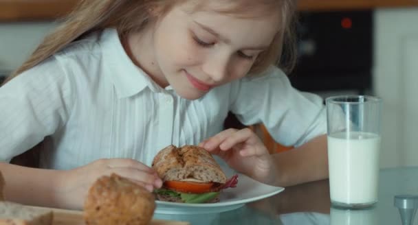 Retrato de perto de uma rapariga com uma sanduíche. Criança segurando sanduíche nas mãos e sorrindo para a câmera. Polegar para cima. Está bem. — Vídeo de Stock