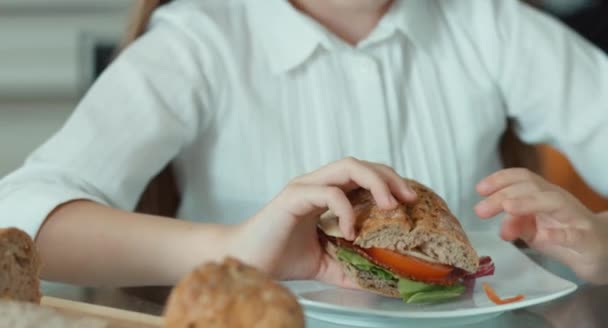 Retrato de close-up de uma menina com um sanduíche — Vídeo de Stock