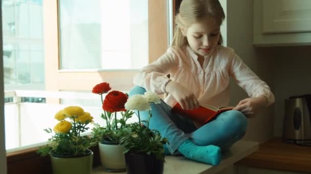 Mała dziewczynka z książką, siedząc na parapecie — Wideo stockowe