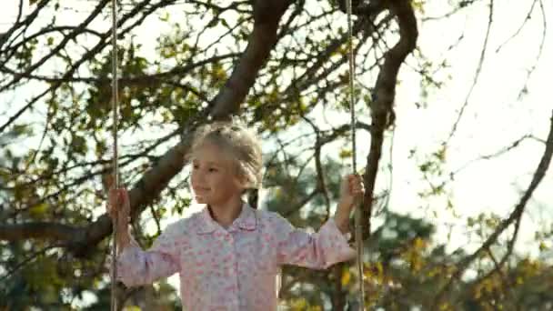 在一棵大树下秋千上快乐的女孩。孩子看着相机和微笑 — 图库视频影像