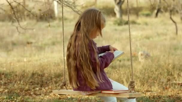 Chica sonriente abrazando el libro y sentada en un columpio — Vídeo de stock