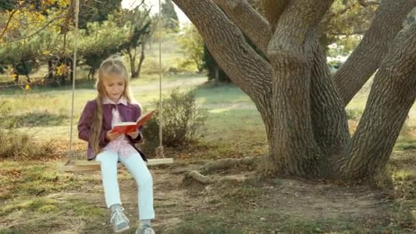 Miling girl hugging the books and looking at camera. Child sitting on a swing — Stock Video