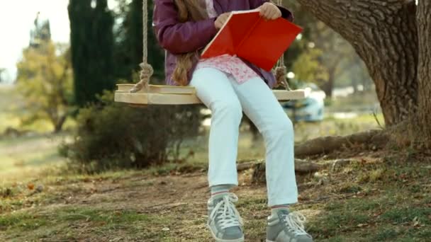 Menina sorridente abraçando os livros e olhando para a câmera. Criança sentada em um balanço — Vídeo de Stock