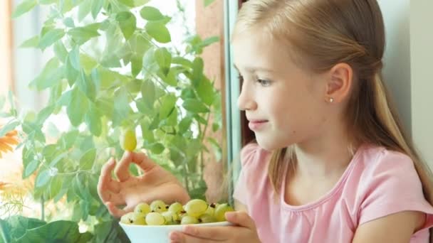 Closeup portrait girl sniffing and eating gooseberries. Zooming — Stockvideo