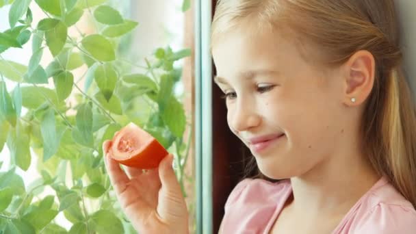 Closeup portrait girl sniffing tomato against window and nods at camera — Stockvideo