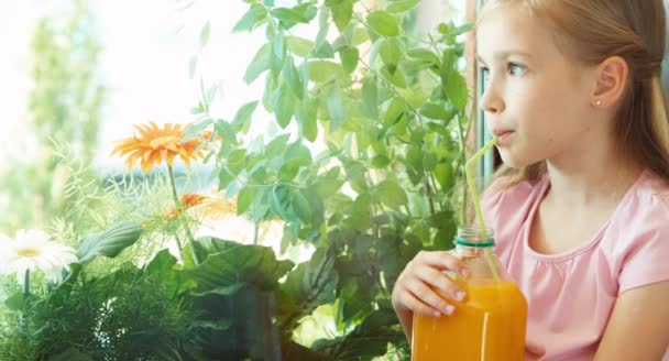 Nahaufnahme Porträt Mädchen, das Saft trinkt und in die Kamera lacht — Stockvideo