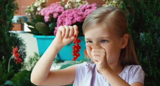 Mädchen mit einem Bund roter Johannisbeeren. Mädchen isst Johannisbeere und lacht in die Kamera — Stockvideo