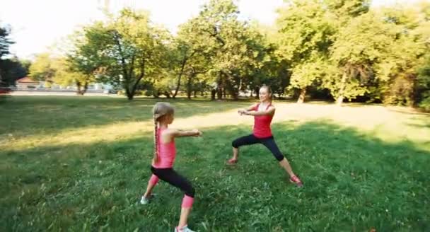 Family mother with daughter doing fitness in the park. Camera flying around 10 — Stock Video