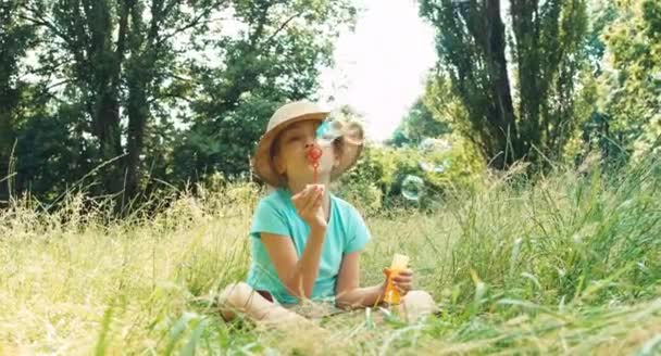 Ragazza ridente che gioca con bolle di sapone nell'erba e sorride alla macchina fotografica — Video Stock