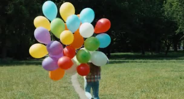 Meisje kind loopt weg met ballonnen op een voetpad in de weide — Stockvideo