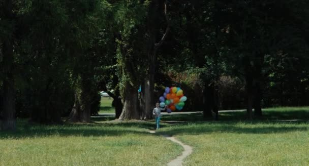 Девушка бежит с воздушными шарами по тропинке на лугу перед камерой — стоковое видео