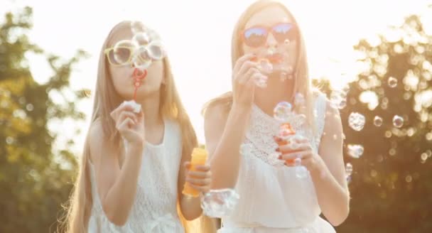 Щаслива смішна сім'я дме бульбашки на заході сонця в парку — стокове відео