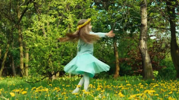 Meisje 7-8 jaar oude wervelende spinnen op de glade van paardebloemen — Stockvideo