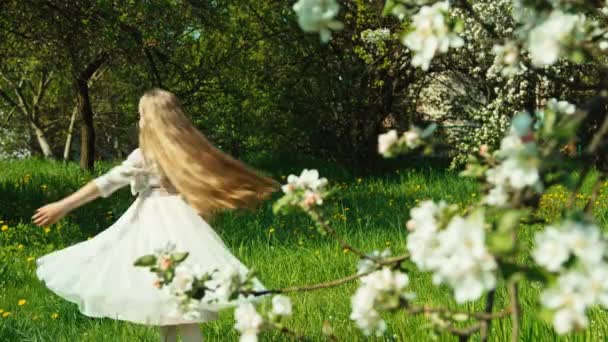 Retrato menina criança 7-8 anos girando no vestido branco no parque perto da árvore florescente. Menina olhando para a câmera — Vídeo de Stock