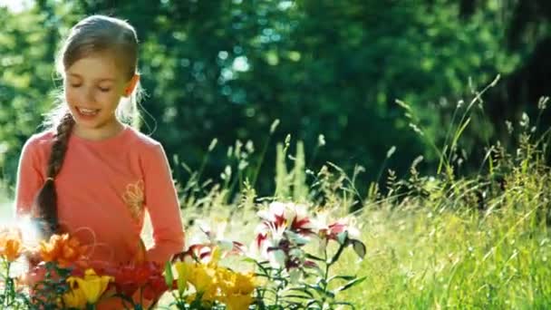 Mädchen bestreut ihre Blumen im Garten und erschnüffelt ihre — Stockvideo