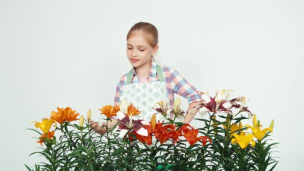 Kwiat dziewczyna wąchania kwiatów i uśmiecha się do kamery na białym — Wideo stockowe