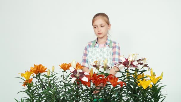 Flower-girl anuncia flores e sorrindo para a câmera no fundo branco — Vídeo de Stock