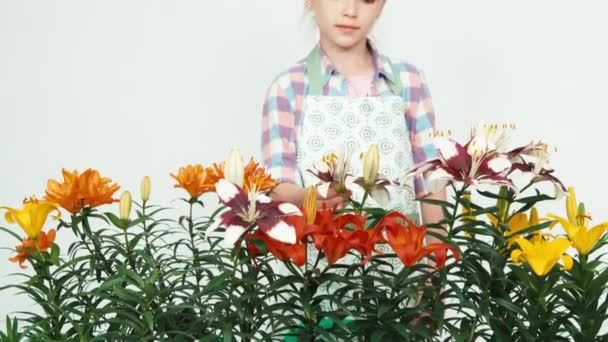 Fechar retrato flor-menina cheirando flor e sorrindo para a câmera no fundo branco — Vídeo de Stock