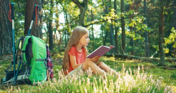 Randonneuse fille 8-9 ans enfant lecture livre dans la forêt — Video