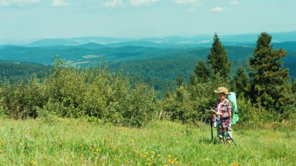 Kleines Wandermädchen mit Karte. Touristenkind mit Reiserucksack auf Bergkulisse — Stockvideo