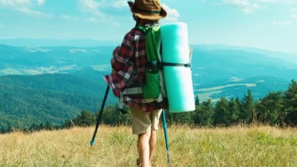 Hiker girl child going down the hill on mountains background at camera and smiling — Stock Video