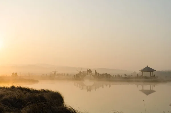 Vista Sul Tranquillo Lago Sul Prato Mattino All Alba — Foto Stock