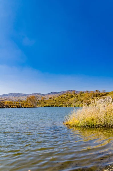 蓝天下的草原上的湖泊 在中国的深秋 — 图库照片