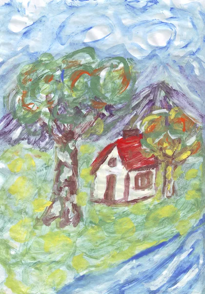 Piccolo cottage vicino a un dipinto sul fiume — Foto Stock