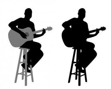 Gitar çalan bir bar üzerinde oturan dışkı