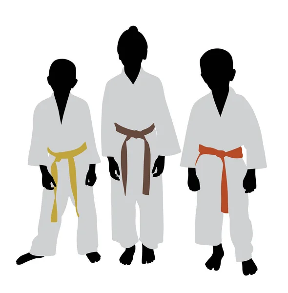Karate děti s jinou barvou pásu hodnost — Stockový vektor