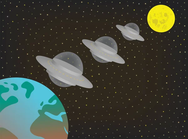 Három Ufo űrhajó repül sorban a Hold és a Föld között. — Stock Vector