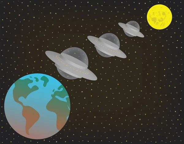 Három Ufo űrhajó repül sorban a Föld és a Hold felett és között. — Stock Vector