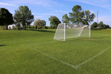 Bir net bir görünüm boş bir futbol sahası sabah ışığında